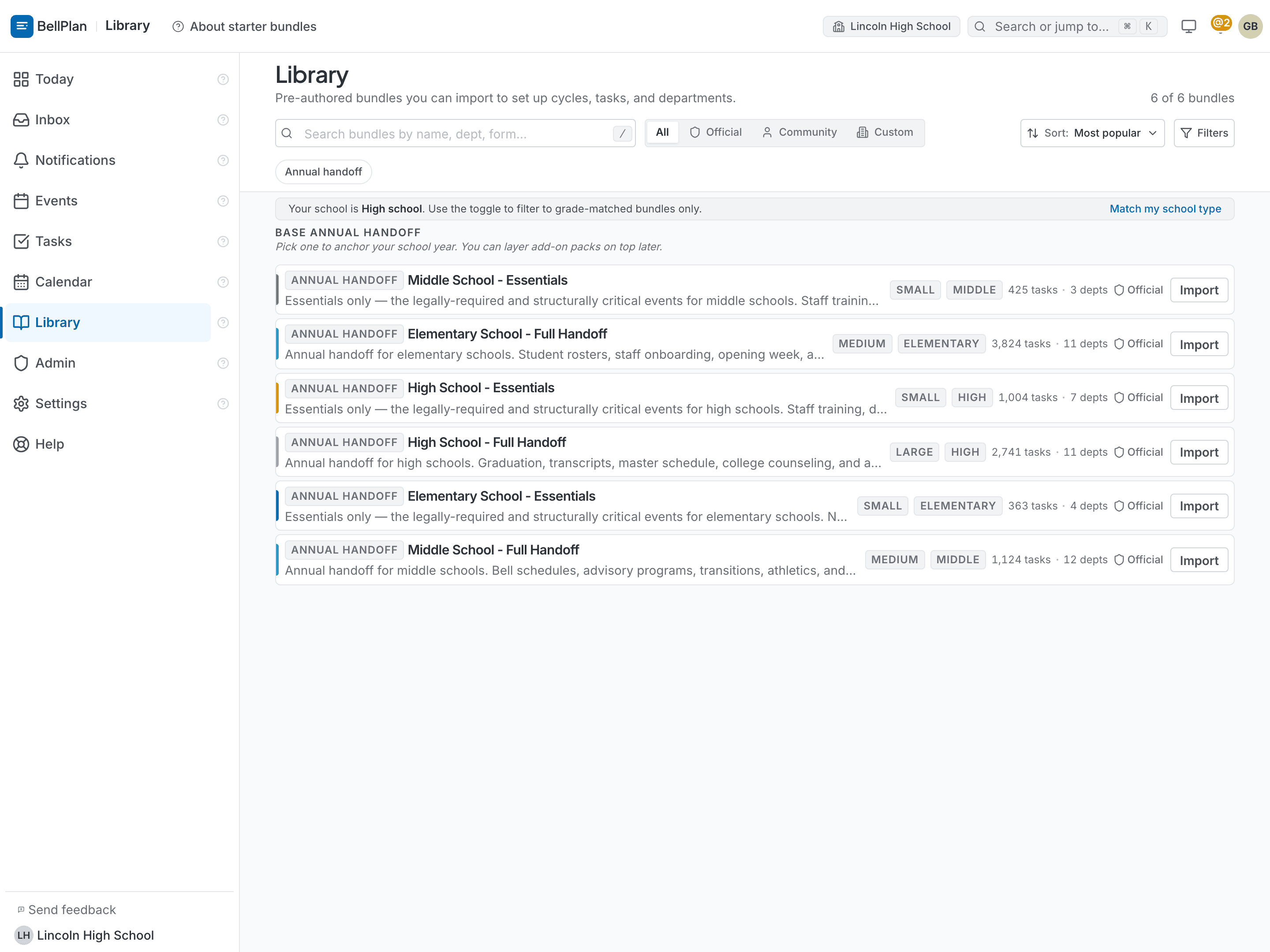 Library bundle preview — Middle School Essentials. Three recurring cycles across Administration, Counseling, and Operations, 425 starter tasks ready to import, with checklists like 'Schedule new staff orientation' and 'Set up shared planning folder' visible in the contents pane.